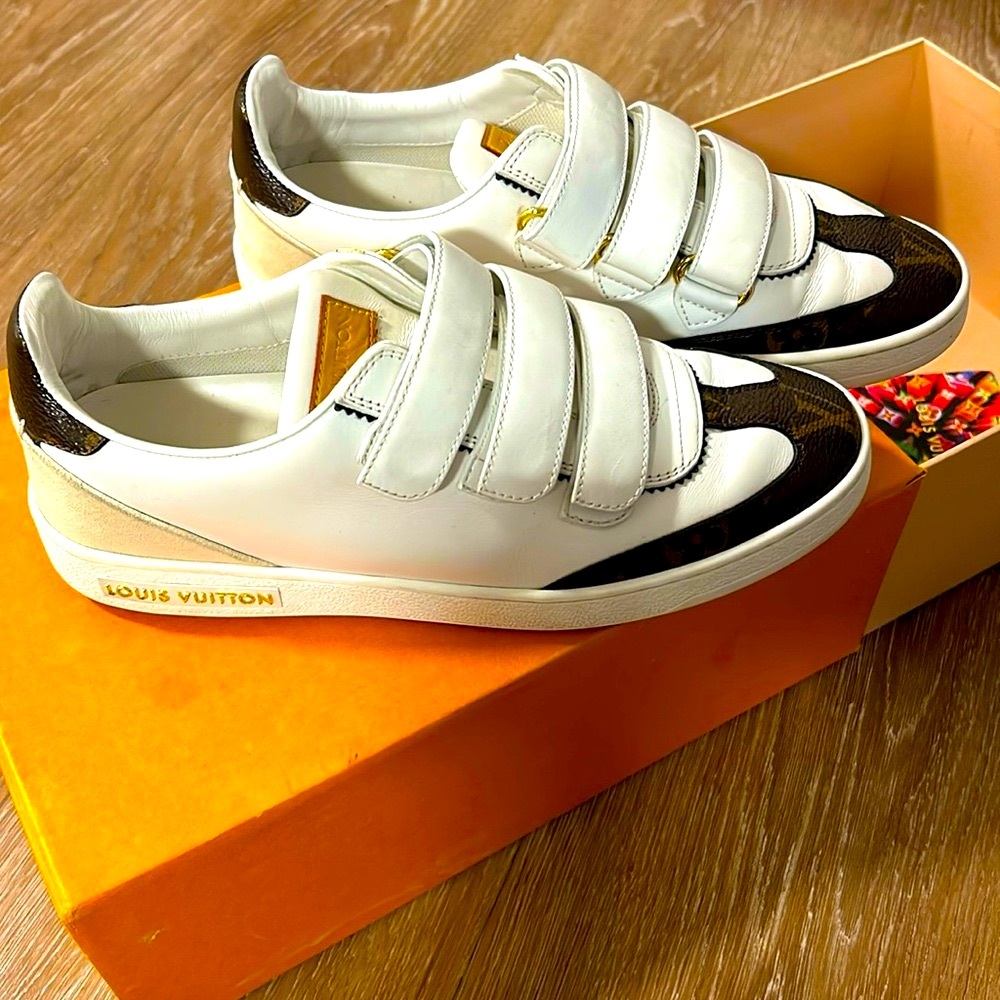 Louis Vuitton White & Brown Monogram Strap Sneakers
